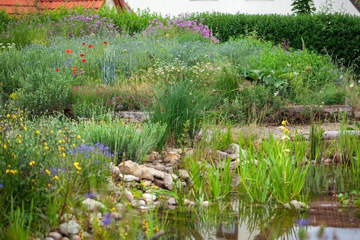 Blütenmeer und verschiedene Strukturelemente in einem Garten, (c) Stefanie Biel/NaturGarten e.V.